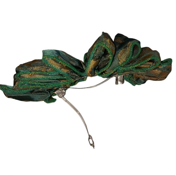 Handmade Big Hair Bow Asian Print Green Gold Metal Clip Barrette Vintage Persian - Picture 4 of 10